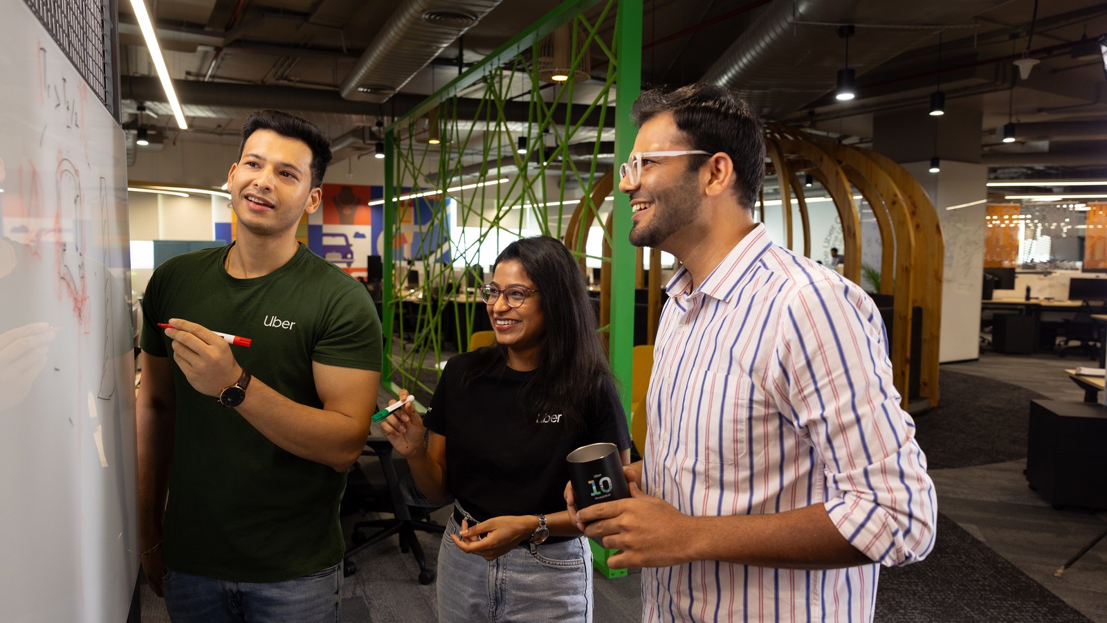 a group of people standing in a room