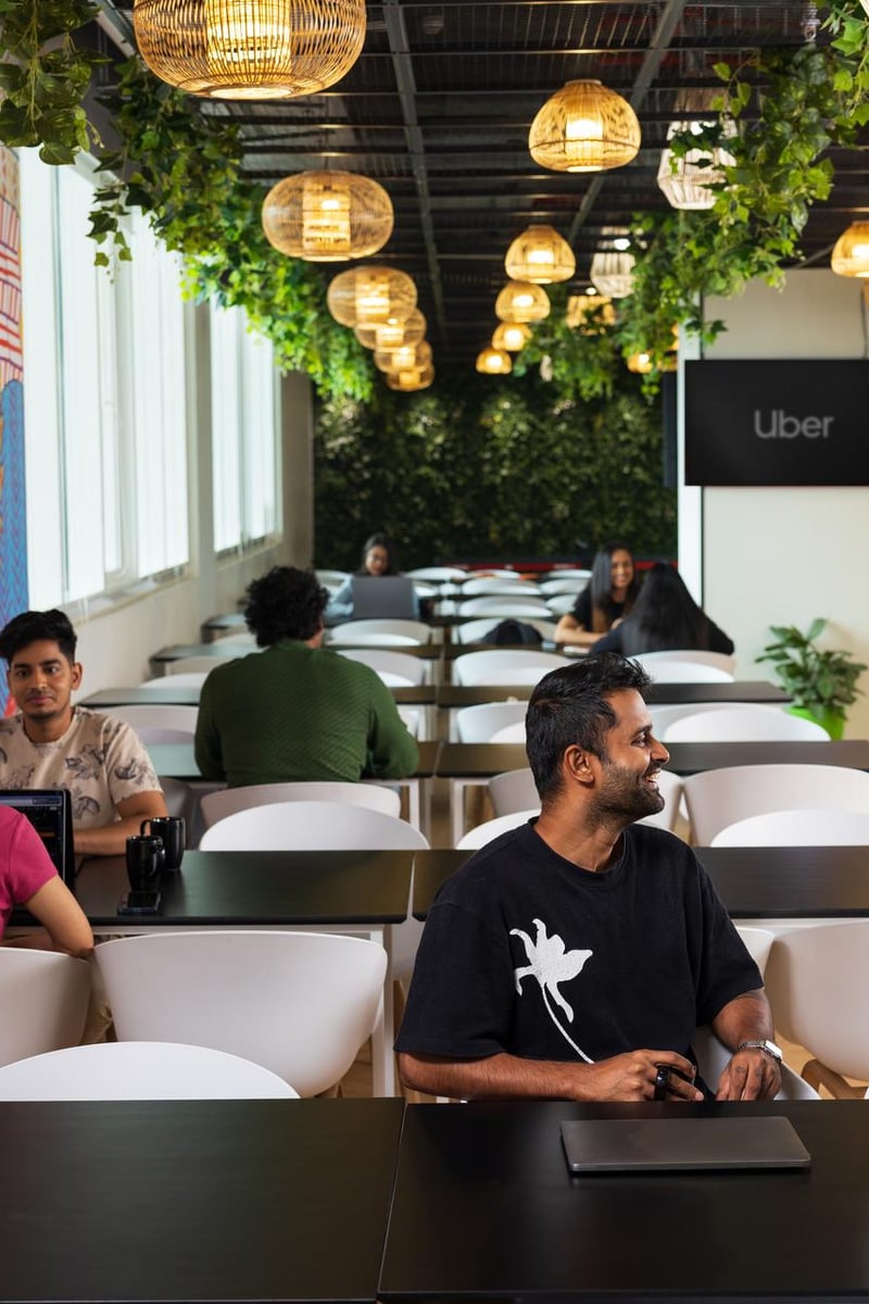 a group of people sitting at tables in a cafeteria