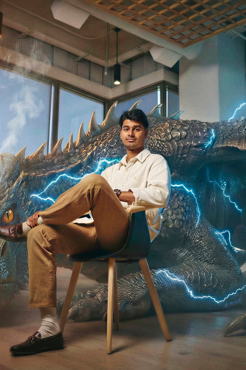 a person sitting in a chair next to a dragon