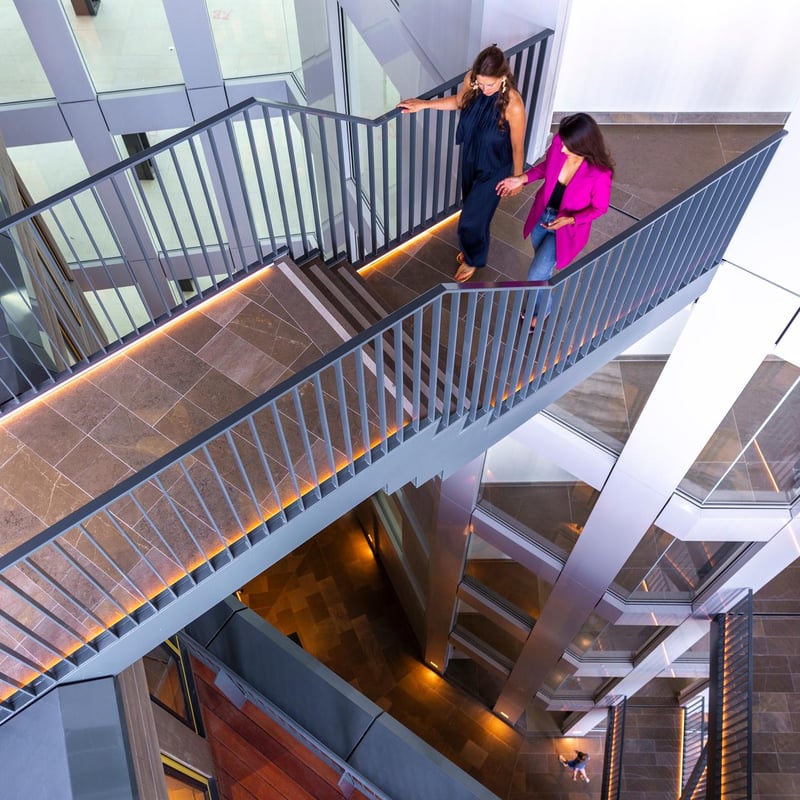 two women walking up a staircase