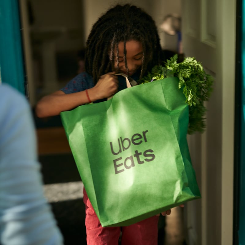 a person holding a green bag with vegetables